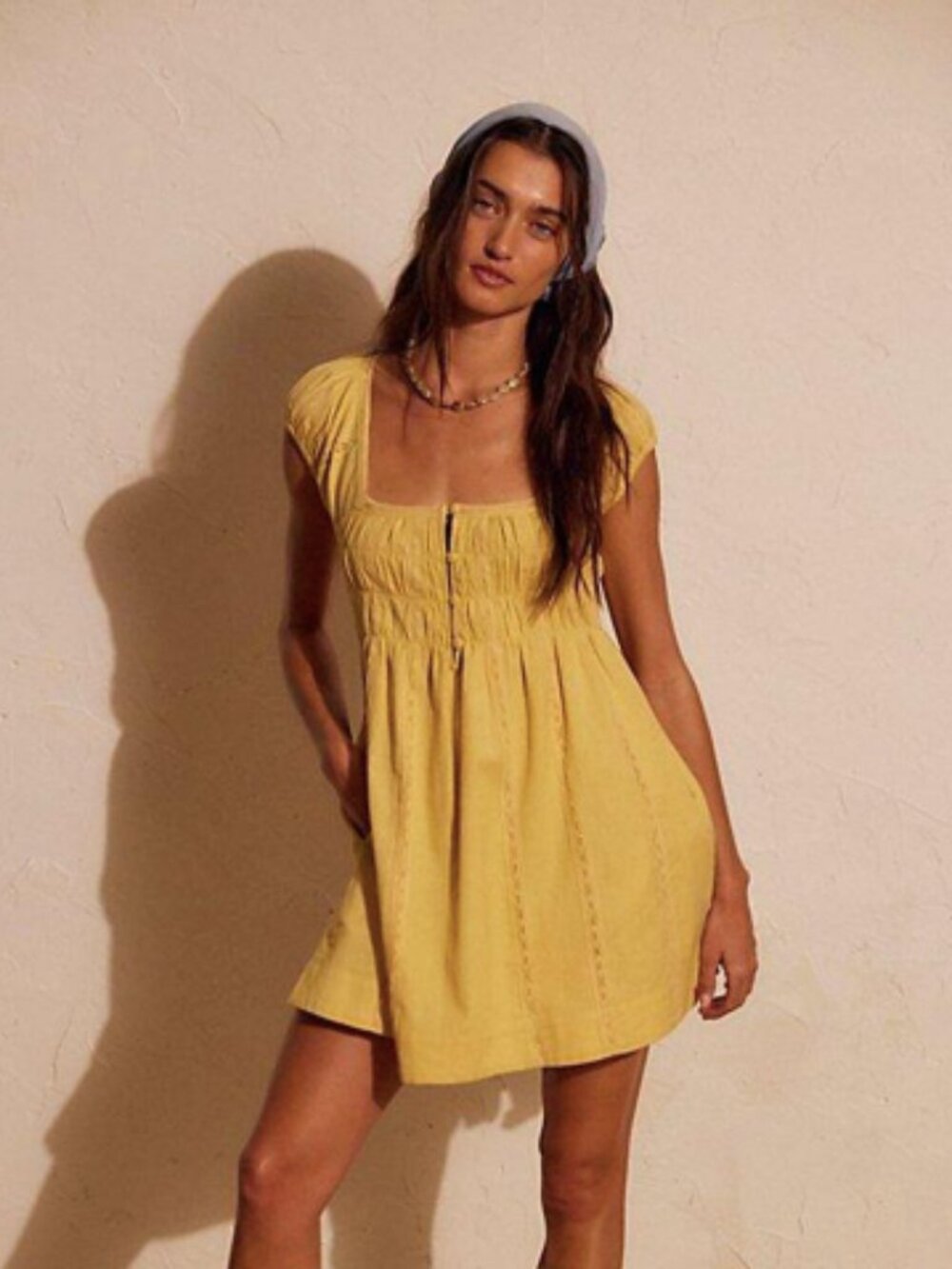 NWT Free People Freest Nina Cotton Smocked Linen Babydoll Tie Back Mini Dress
